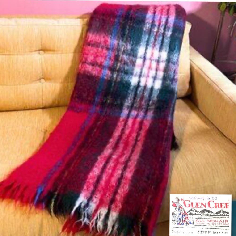 Vintage Glen Cree Scottish Mohair Blanket Red Green Tartan Plaid Throw 52”x78”
